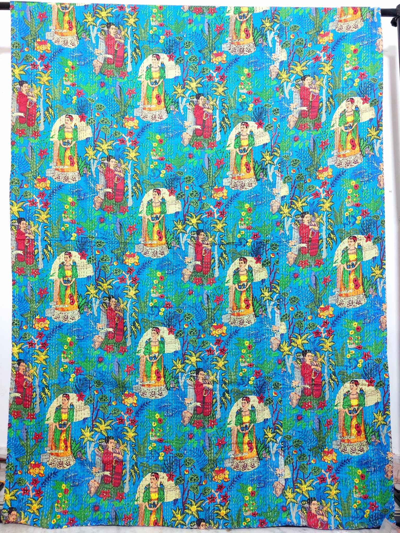 Blue Frida Botanical Kantha Quilt - Image 2