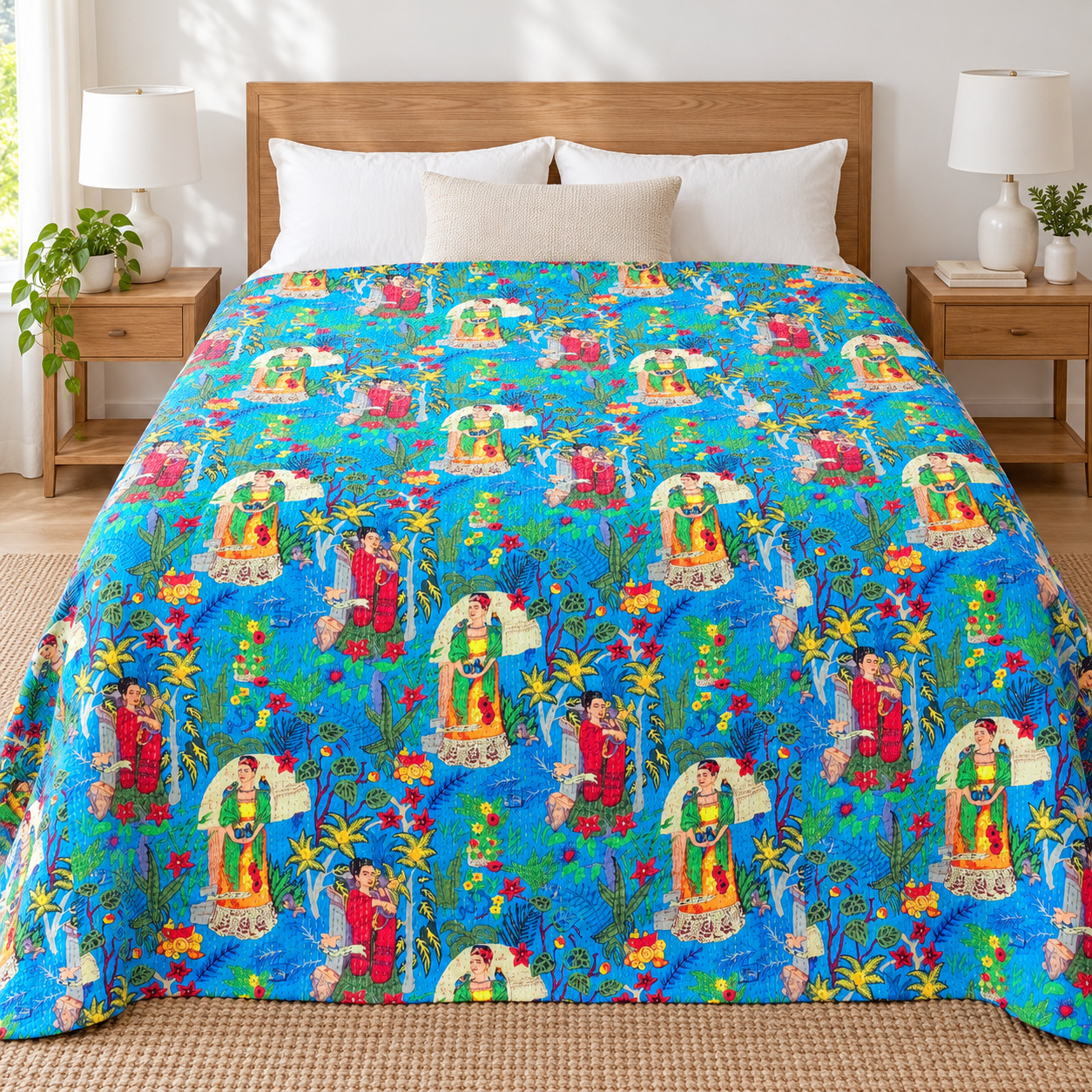 Blue Frida Botanical Kantha Quilt