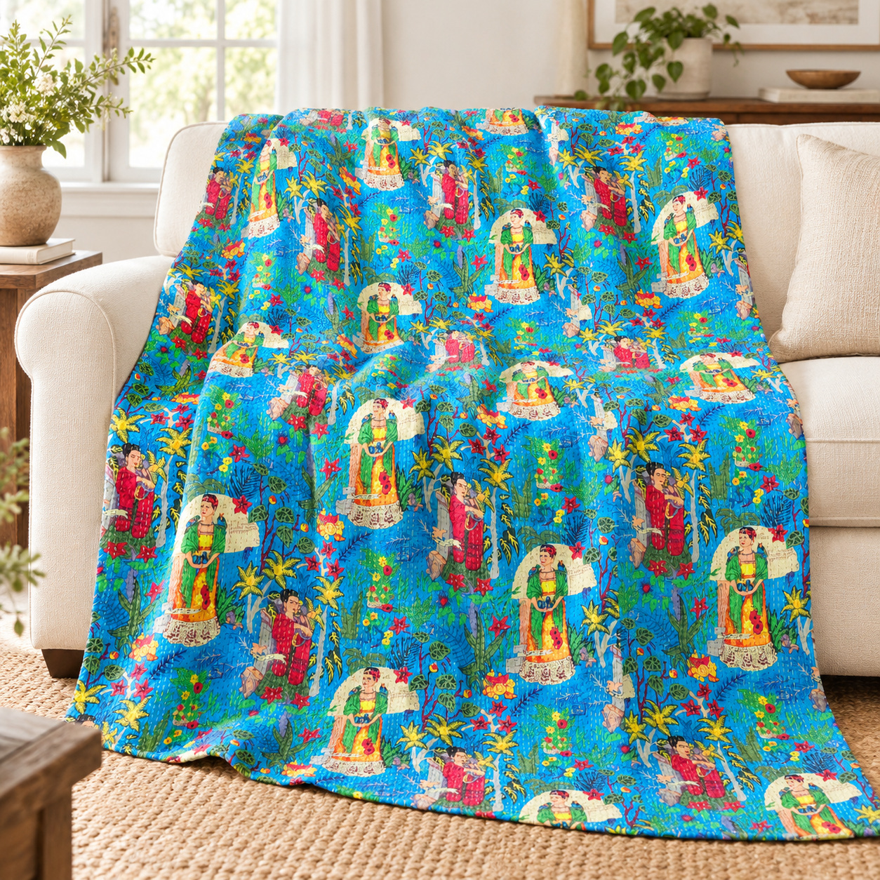 Blue Frida Botanical Kantha Quilt - Image 3