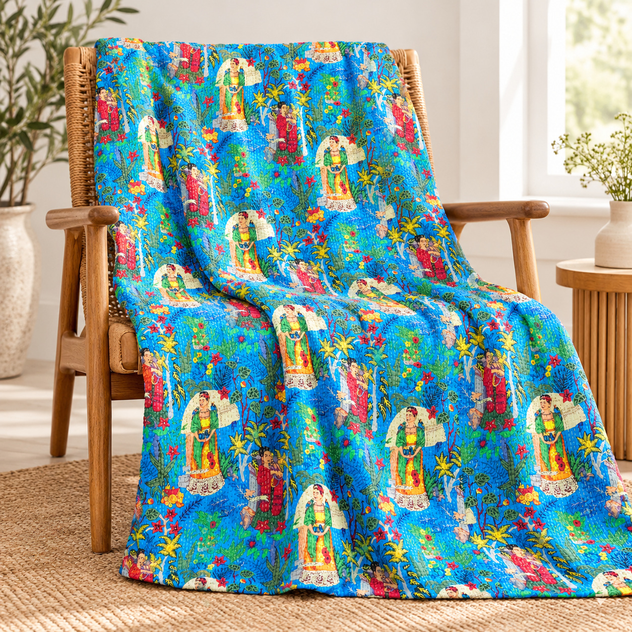 Blue Frida Botanical Kantha Quilt - Image 4
