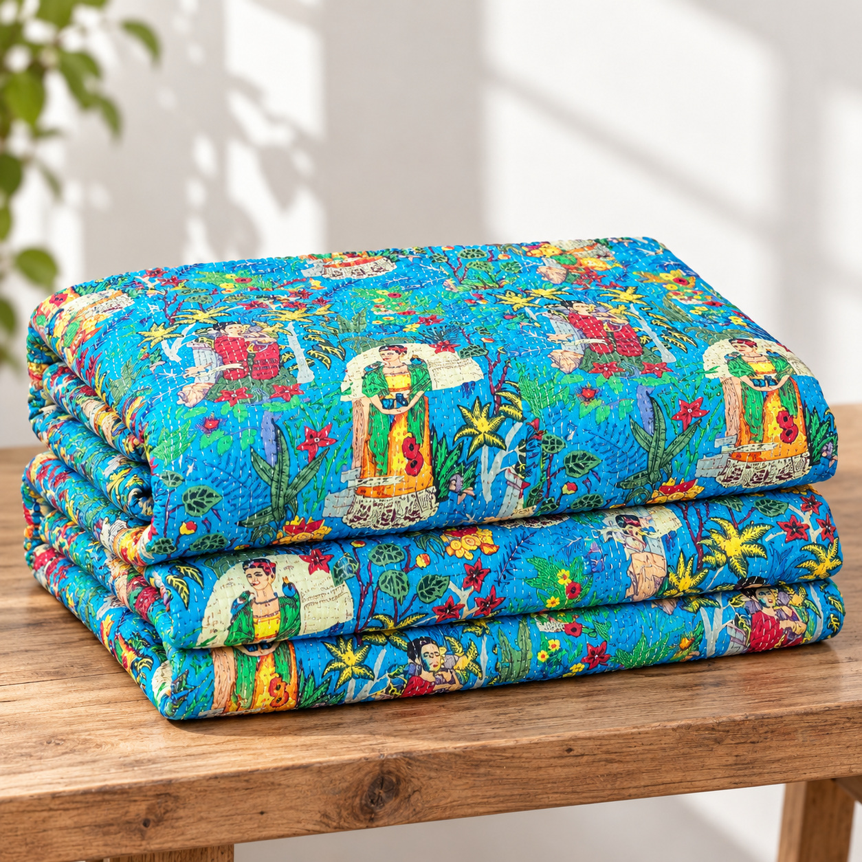 Blue Frida Botanical Kantha Quilt - Image 5