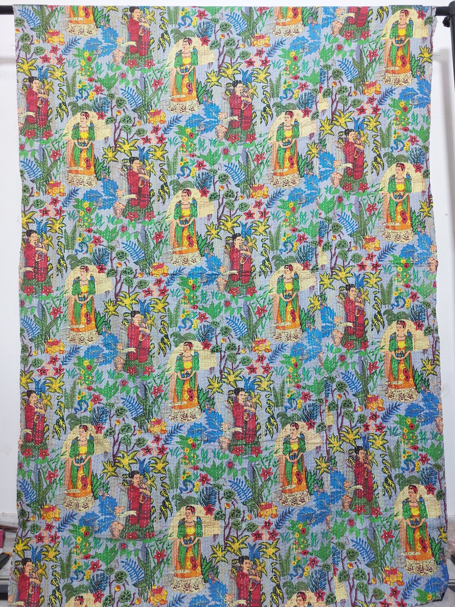 Grey Blue Frida Botanical Kantha Quilt - Image 2