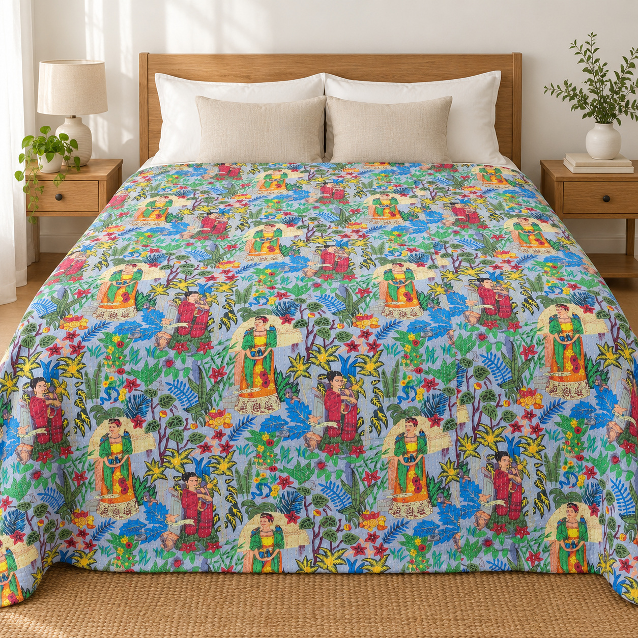 Grey Blue Frida Botanical Kantha Quilt