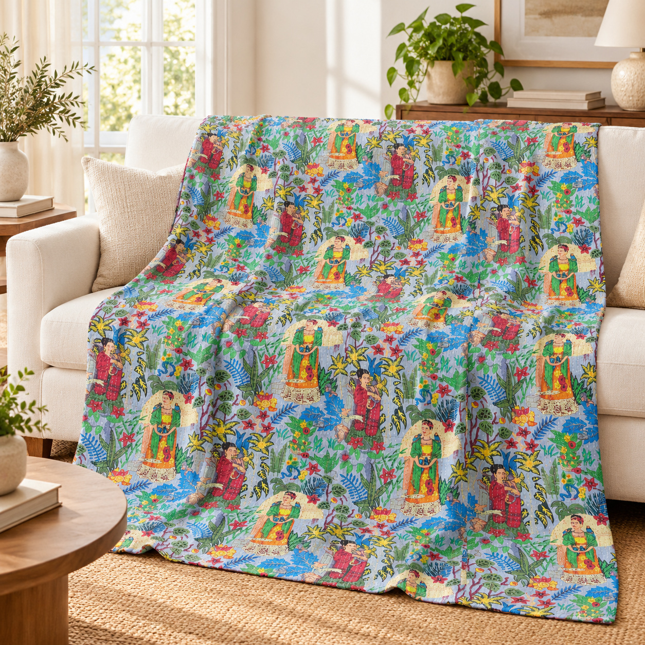 Grey Blue Frida Botanical Kantha Quilt - Image 3