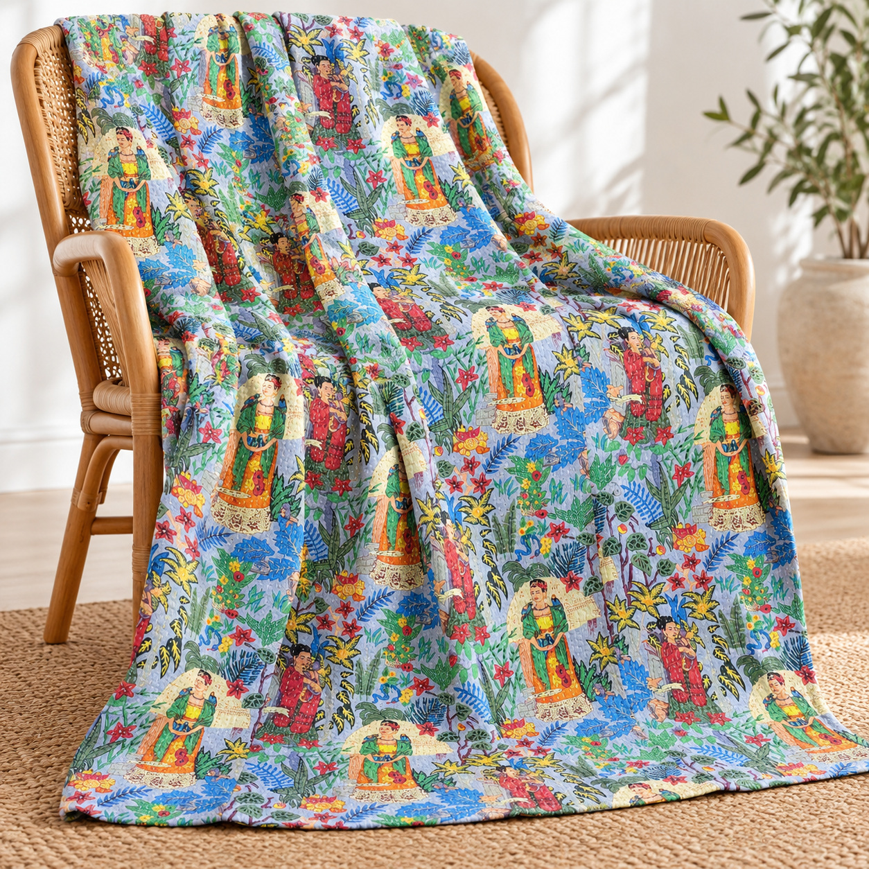 Grey Blue Frida Botanical Kantha Quilt - Image 4