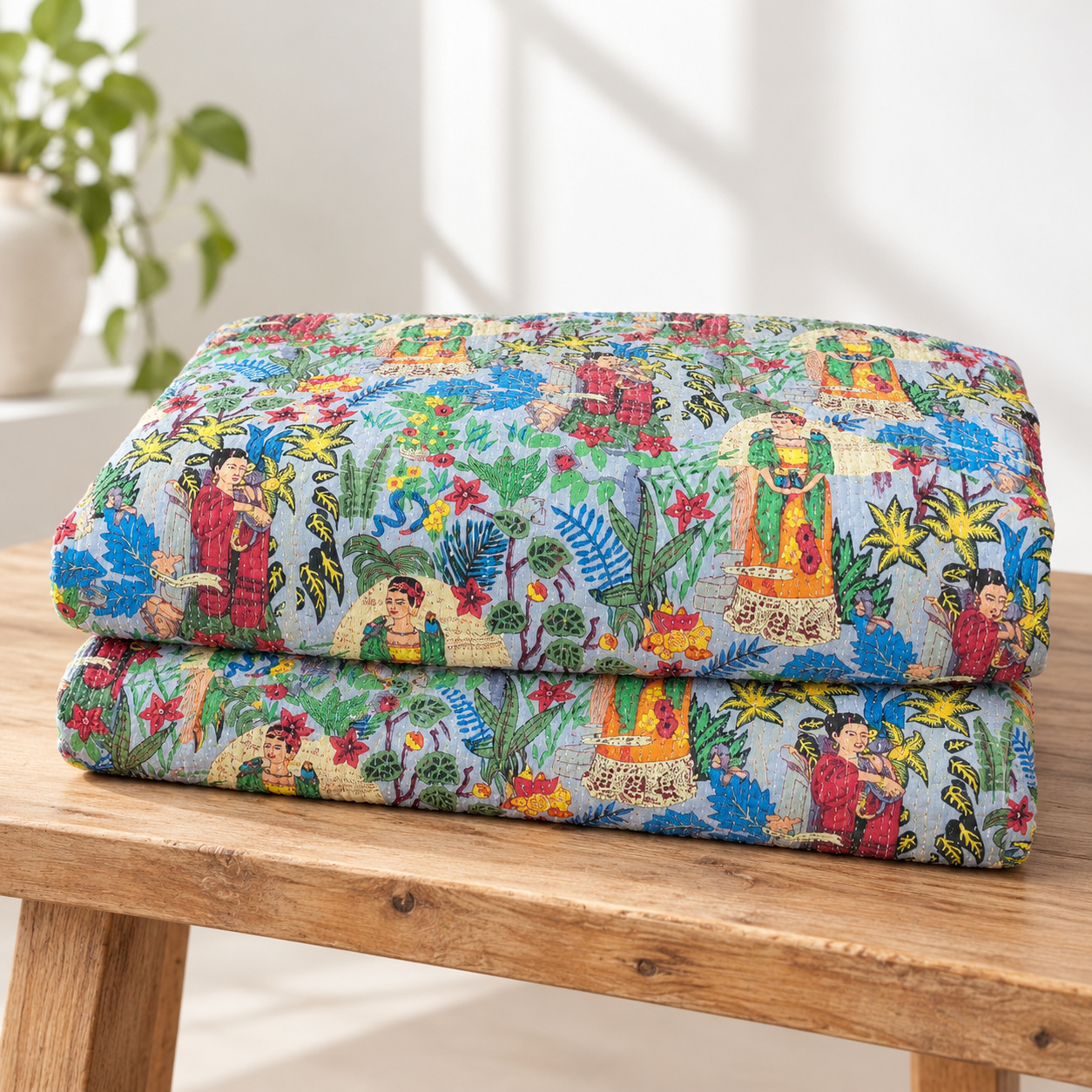 Grey Blue Frida Botanical Kantha Quilt - Image 5