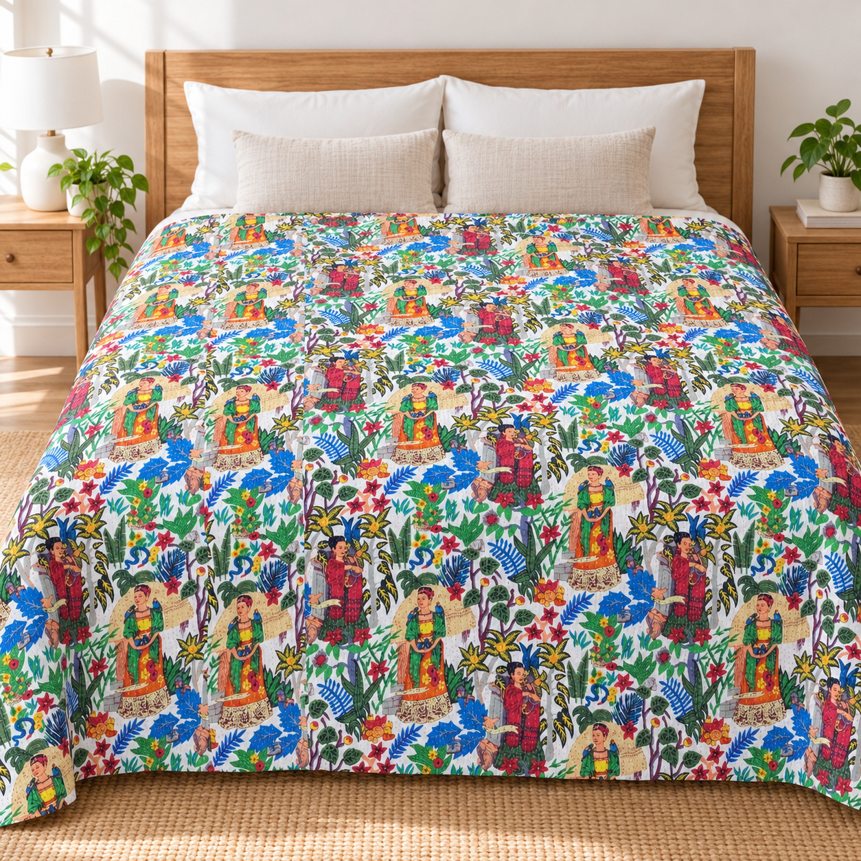 White Frida Botanical Kantha Quilt