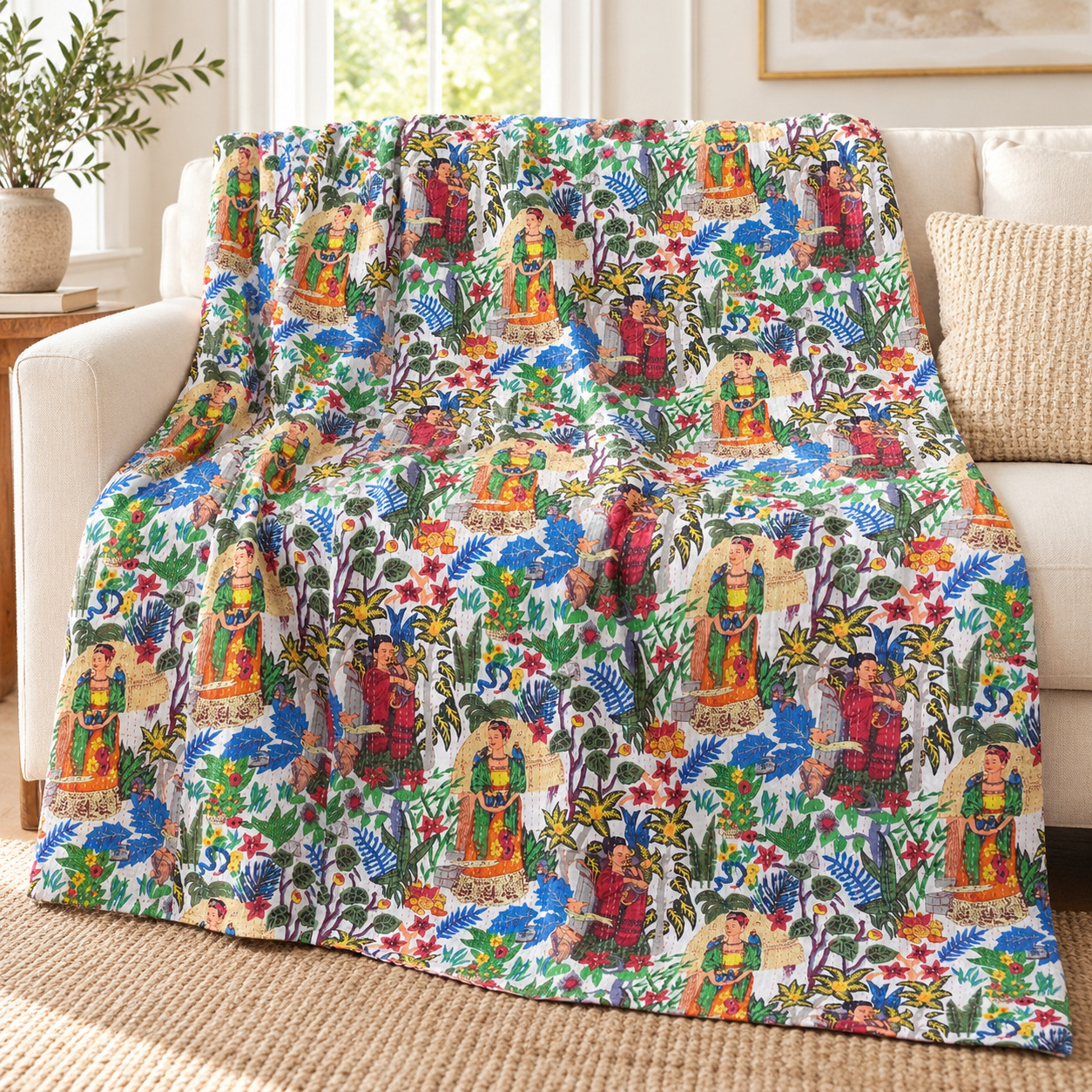 White Frida Botanical Kantha Quilt - Image 3