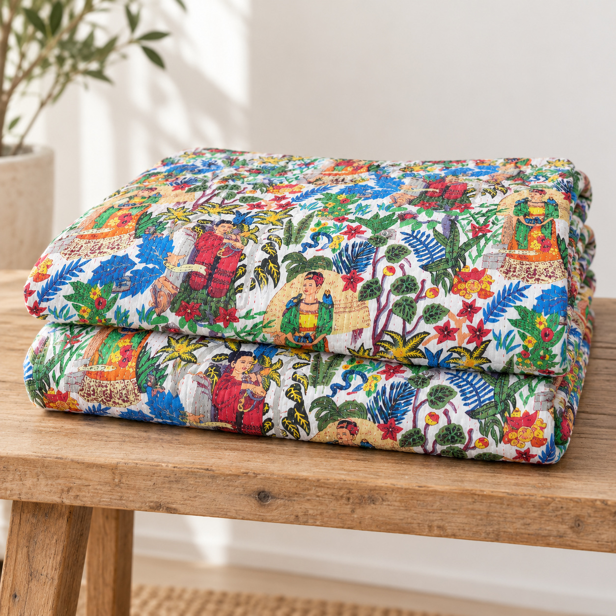 White Frida Botanical Kantha Quilt - Image 5