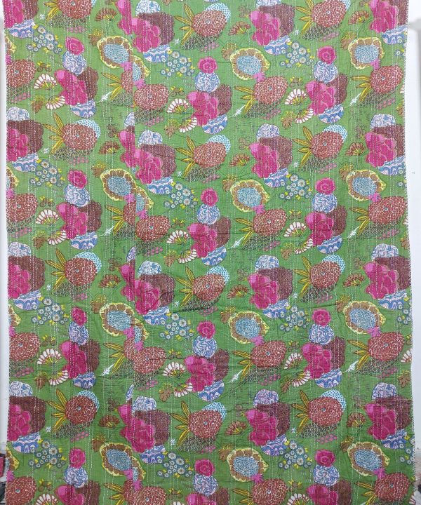Alternative view of Green Pink Floral Kantha Quilt