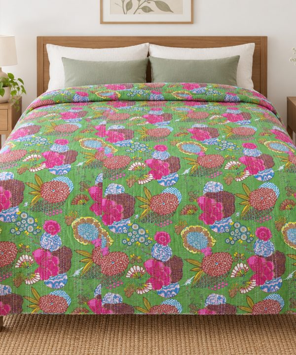 Green Pink Floral Kantha Quilt