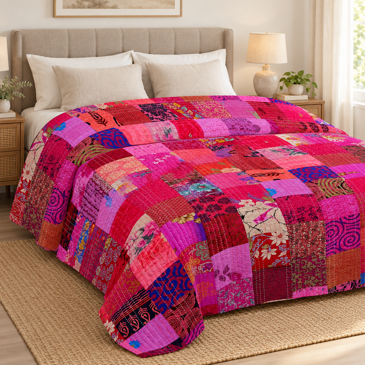 Peach Coral Floral Kantha Quilt – Hand Stitched Reversible Cotton Throw