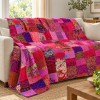 Peach Coral Floral Kantha Quilt – Hand Stitched Reversible Cotton Throw - Image 2
