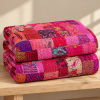 Peach Coral Floral Kantha Quilt – Hand Stitched Reversible Cotton Throw - Image 3