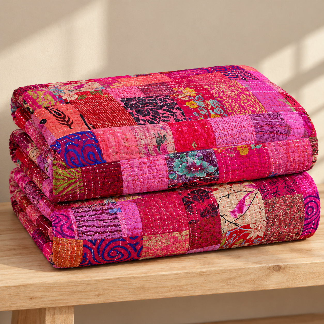 Peach Coral Floral Kantha Quilt – Hand Stitched Reversible Cotton Throw - Image 3