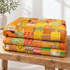 Yellow Orange Patola Silk Patchwork Kantha Quilt - Image 5