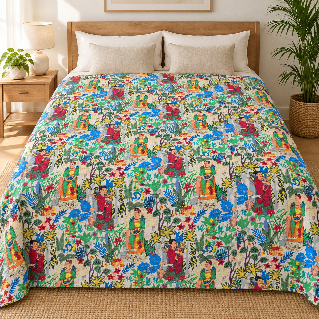 Ivory Frida Botanical Kantha Quilt