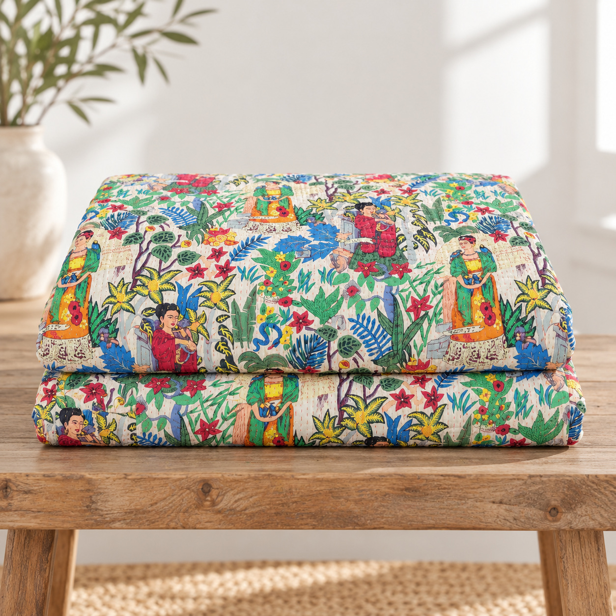 Ivory Frida Botanical Kantha Quilt - Image 5