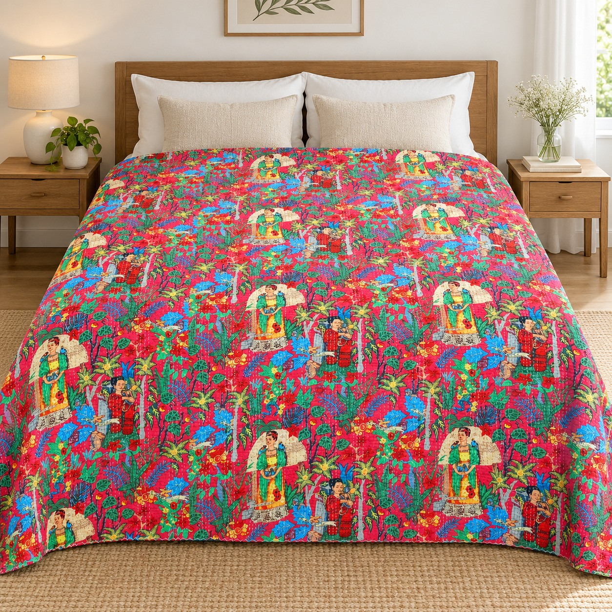 Red Frida Botanical Kantha Quilt