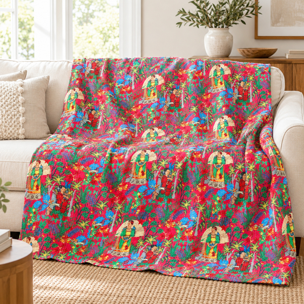 Red Frida Botanical Kantha Quilt - Image 3