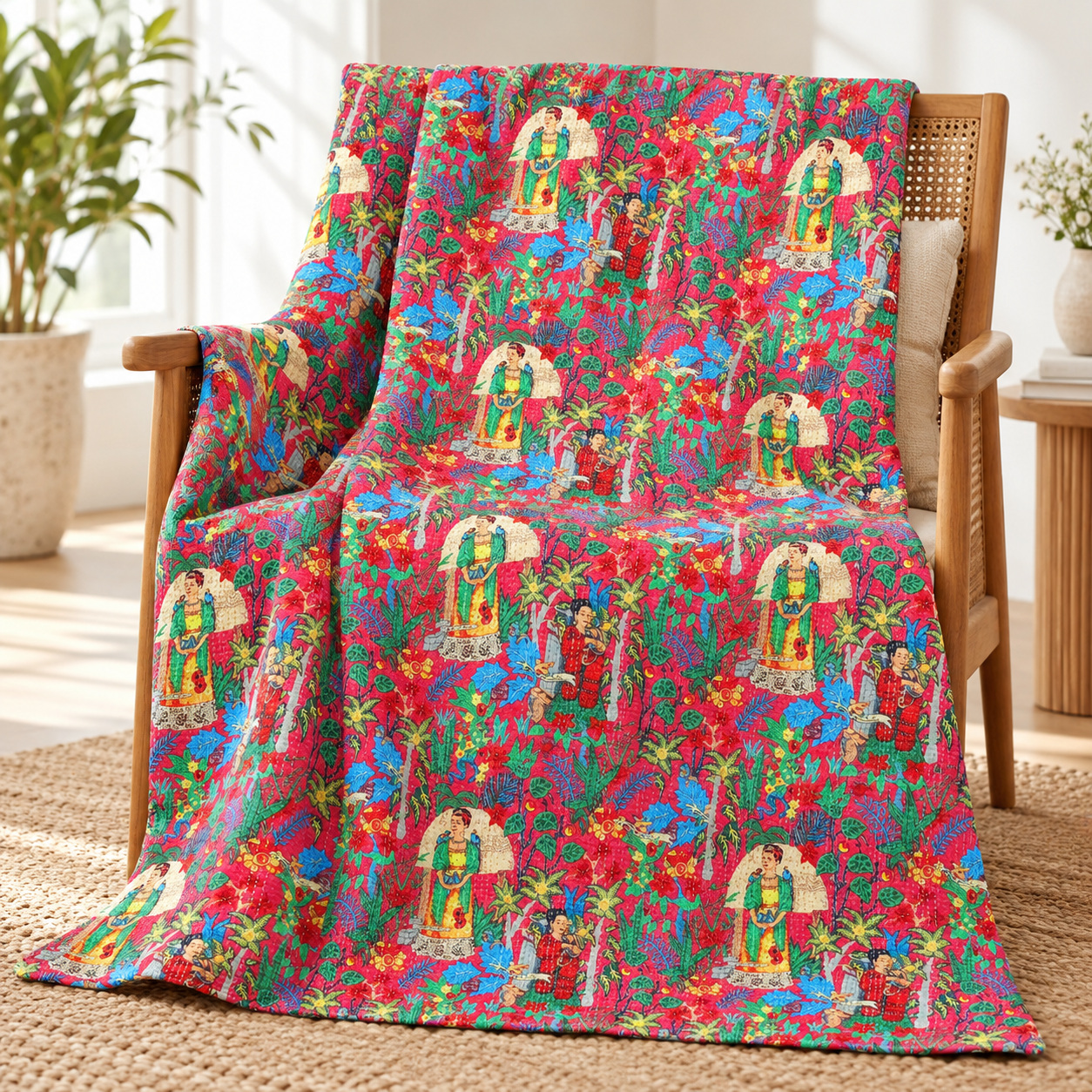 Red Frida Botanical Kantha Quilt - Image 4