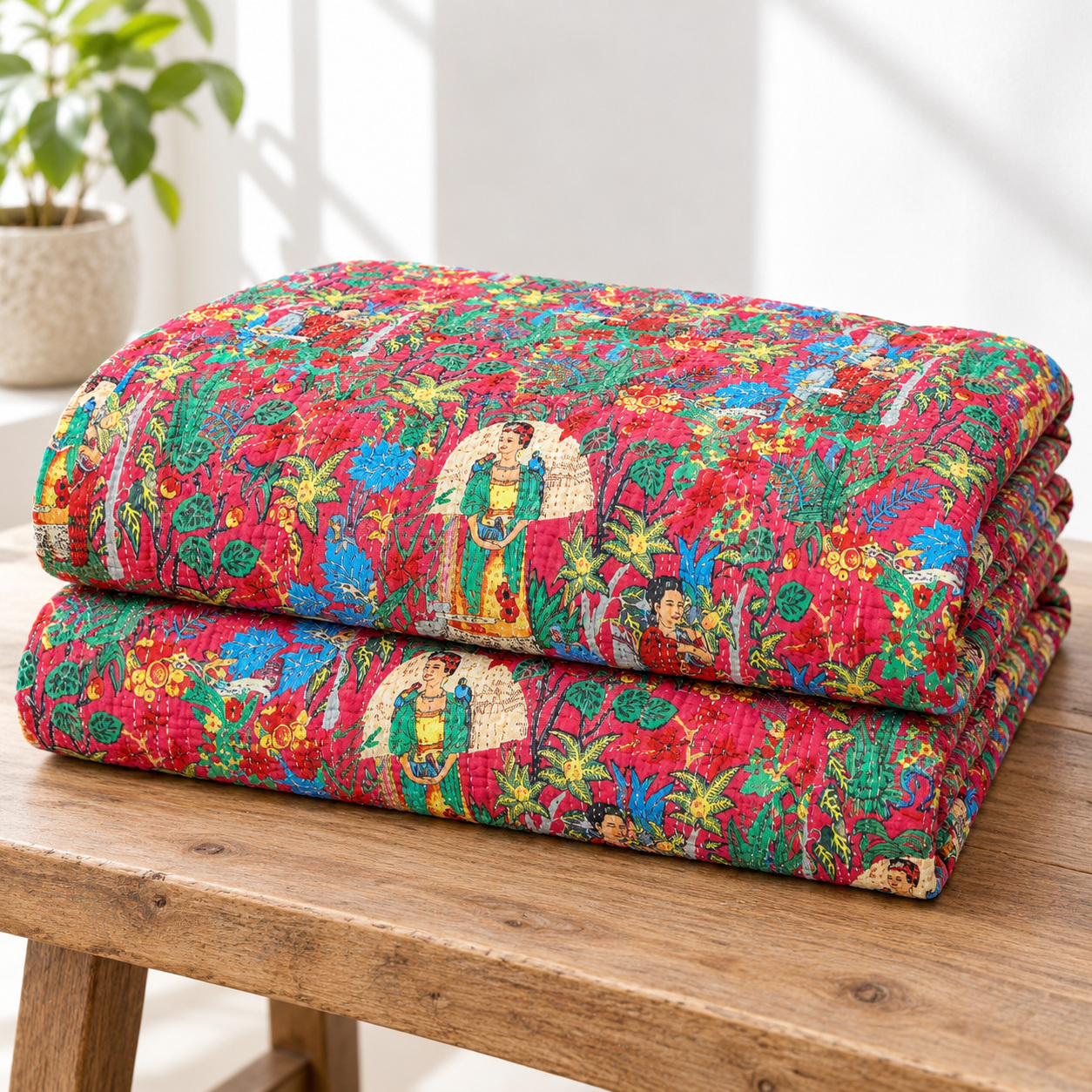 Red Frida Botanical Kantha Quilt - Image 5