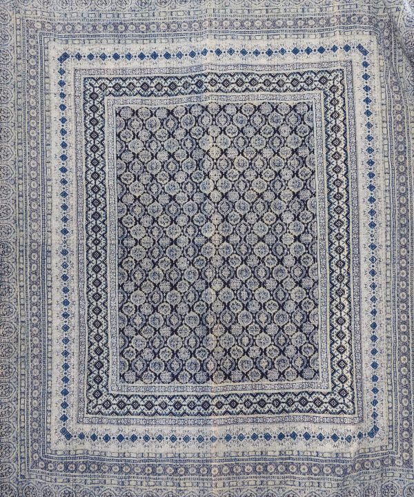 Alternative view of Indigo and Ivory Diamond Ajrak Hand Block Kantha Quilt – Single or Double