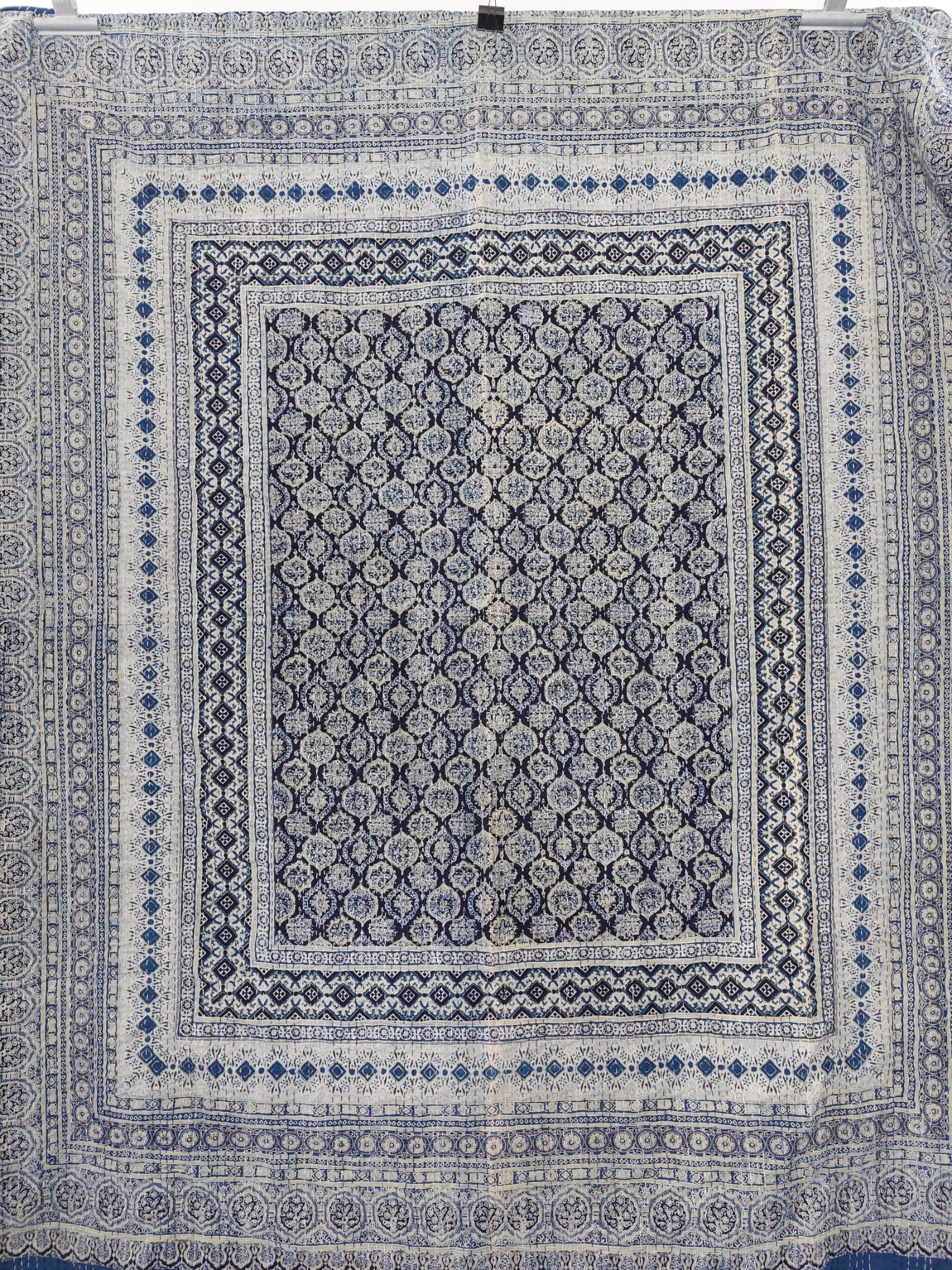 Indigo and Ivory Diamond Ajrak Hand Block Kantha Quilt – Single or Double - Image 2