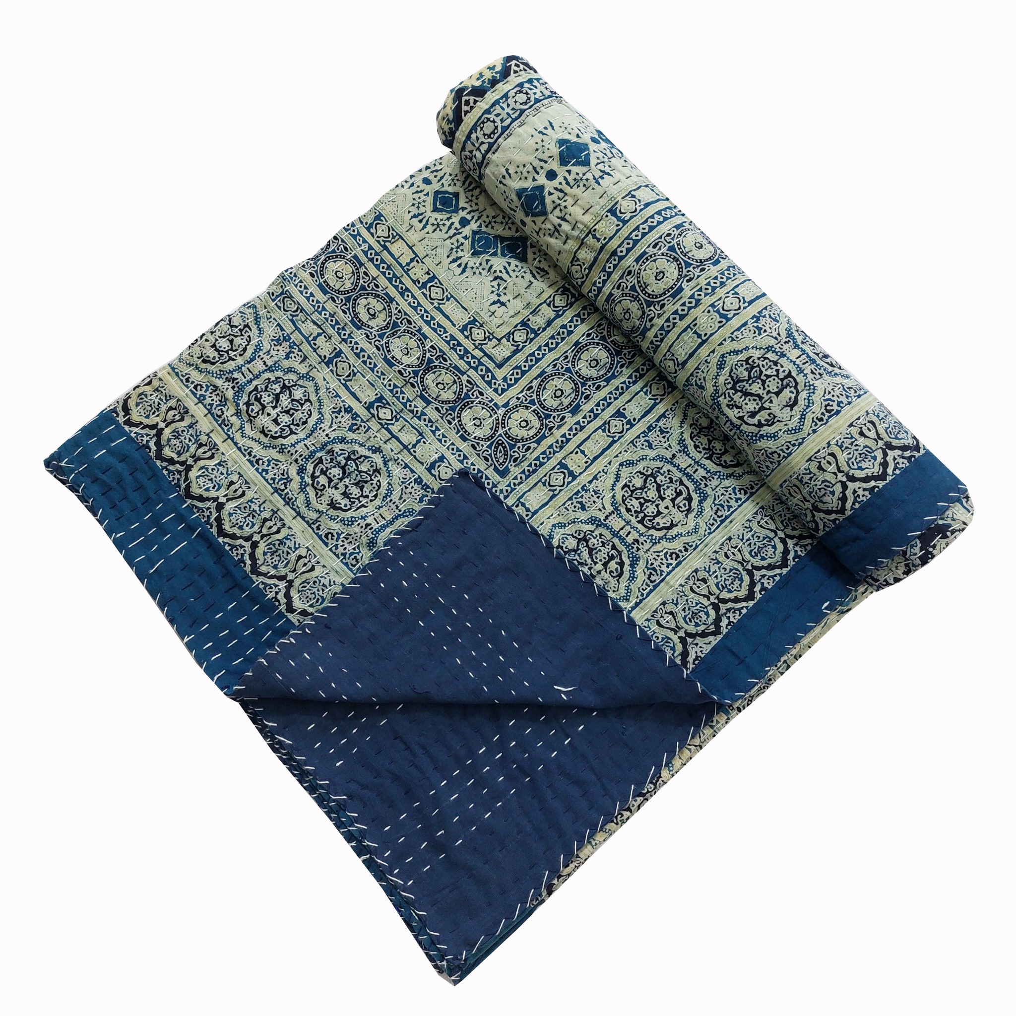 Indigo and Ivory Diamond Ajrak Hand Block Kantha Quilt – Single or Double - Image 3