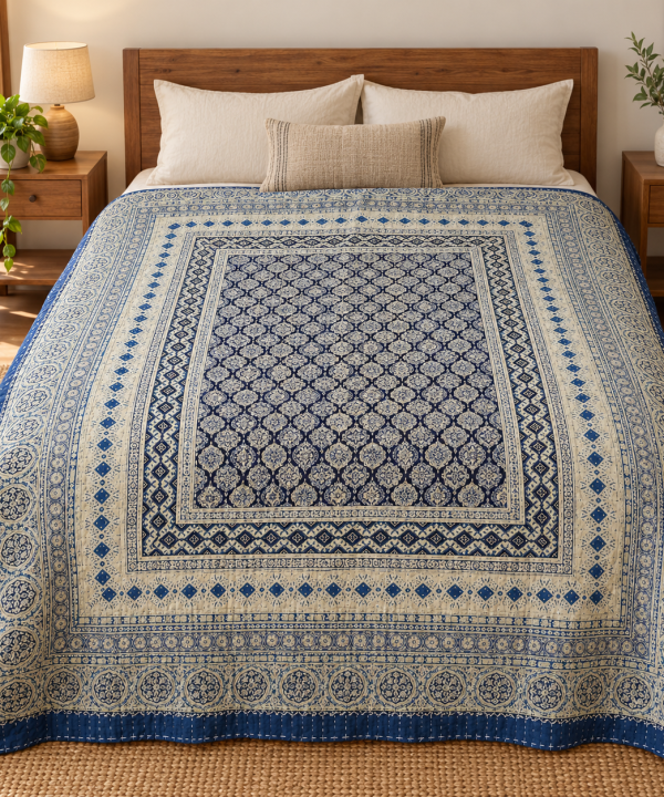 Indigo and Ivory Diamond Ajrak Hand Block Kantha Quilt – Single or Double