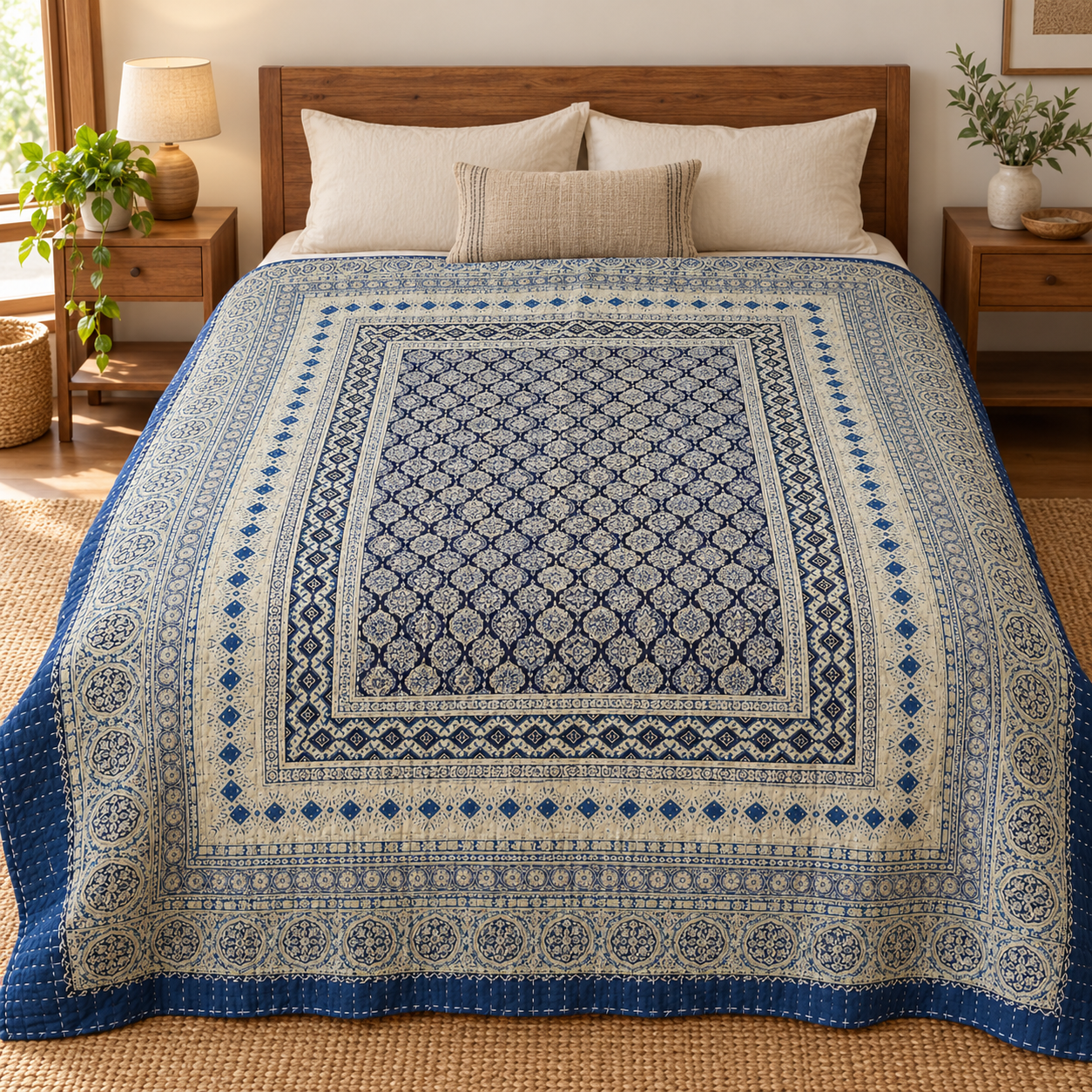 Indigo and Ivory Diamond Ajrak Hand Block Kantha Quilt – Single or Double