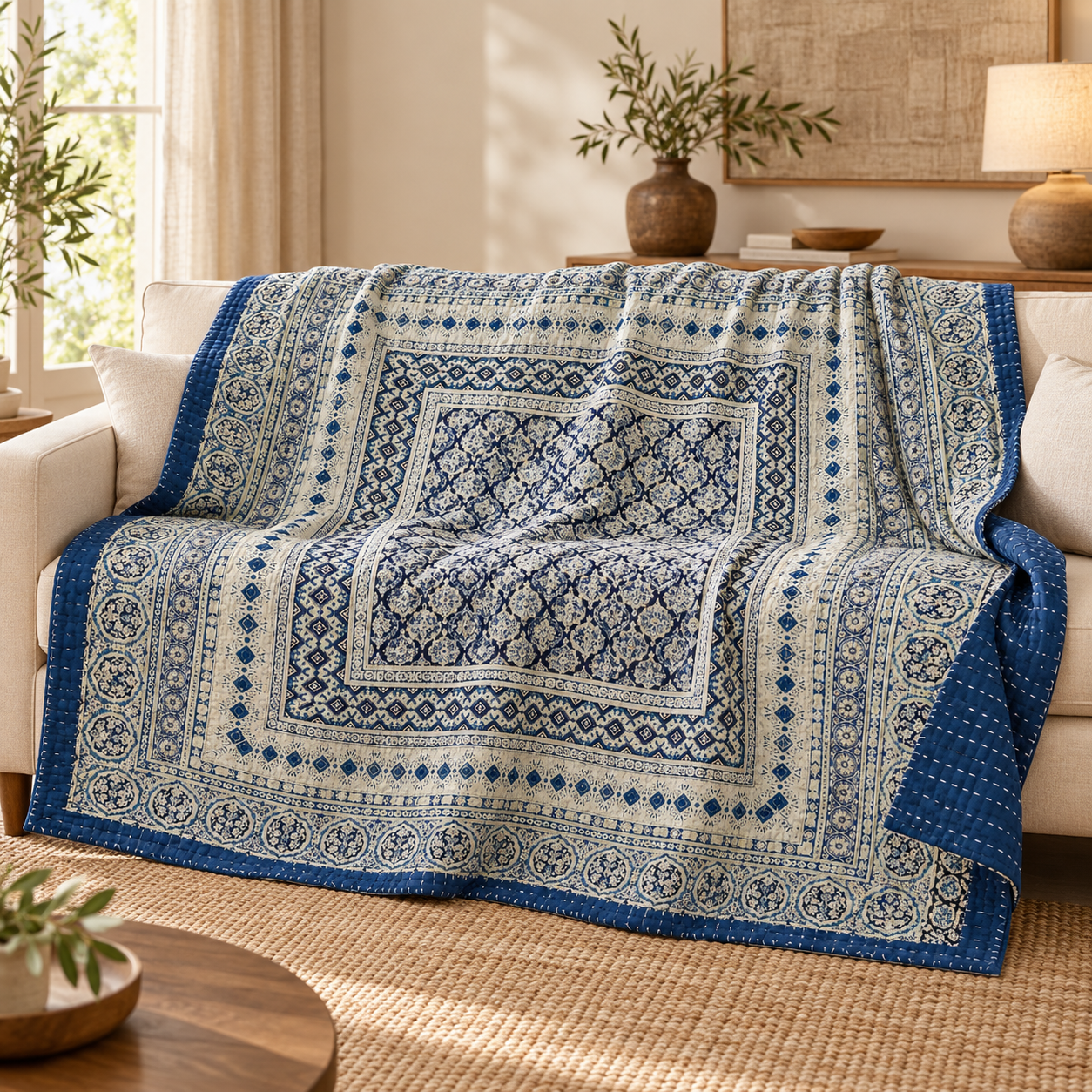 Indigo and Ivory Diamond Ajrak Hand Block Kantha Quilt – Single or Double - Image 4