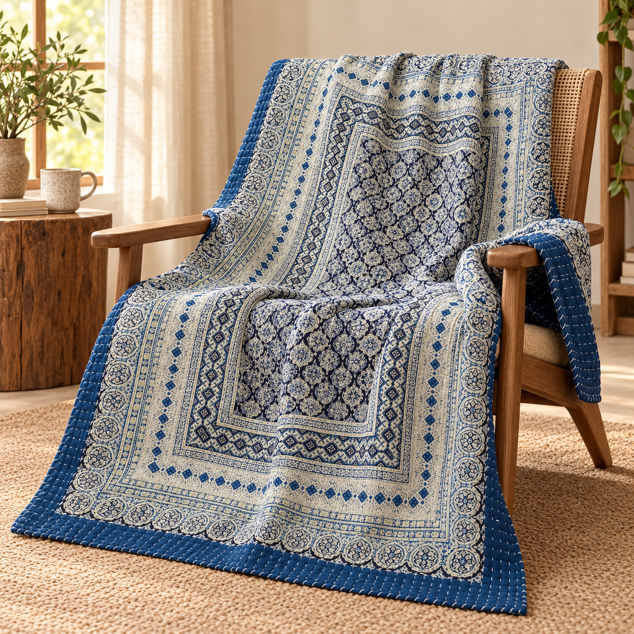 Indigo and Ivory Diamond Ajrak Hand Block Kantha Quilt – Single or Double - Image 5