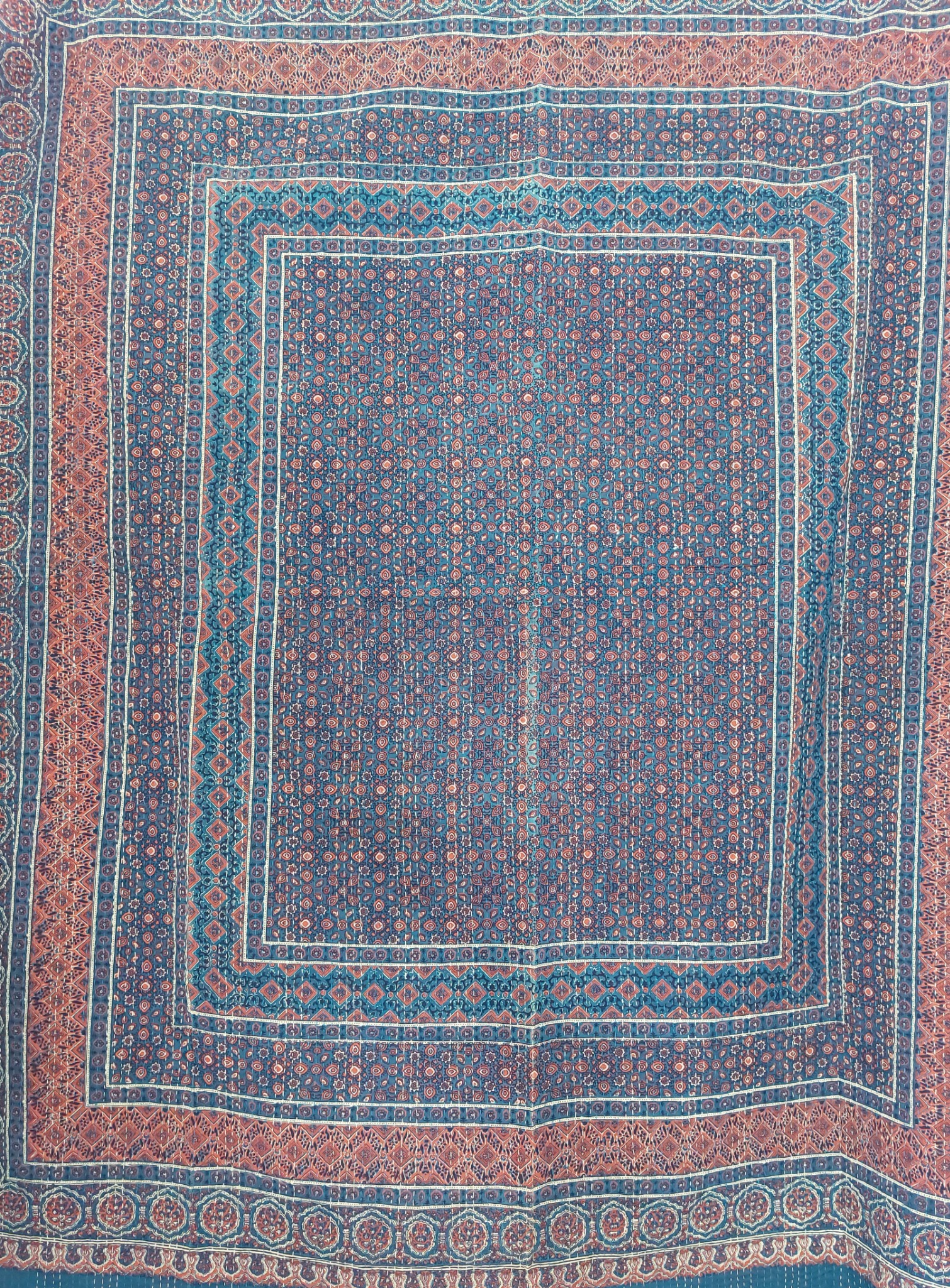 Indigo and Rust Geometric Ajrak Hand Block Kantha Quilt – Single or Double - Image 2