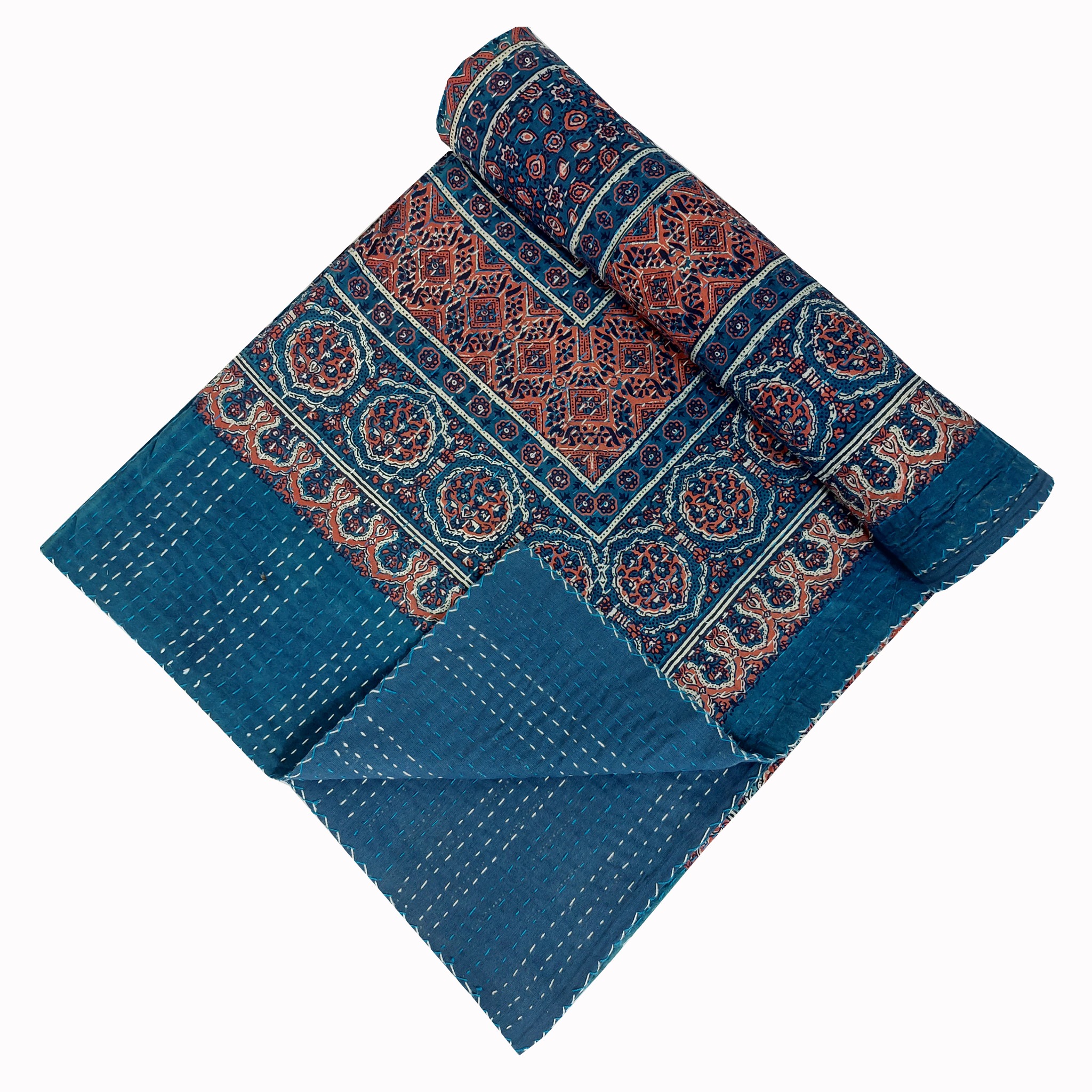 Indigo and Rust Geometric Ajrak Hand Block Kantha Quilt – Single or Double - Image 3