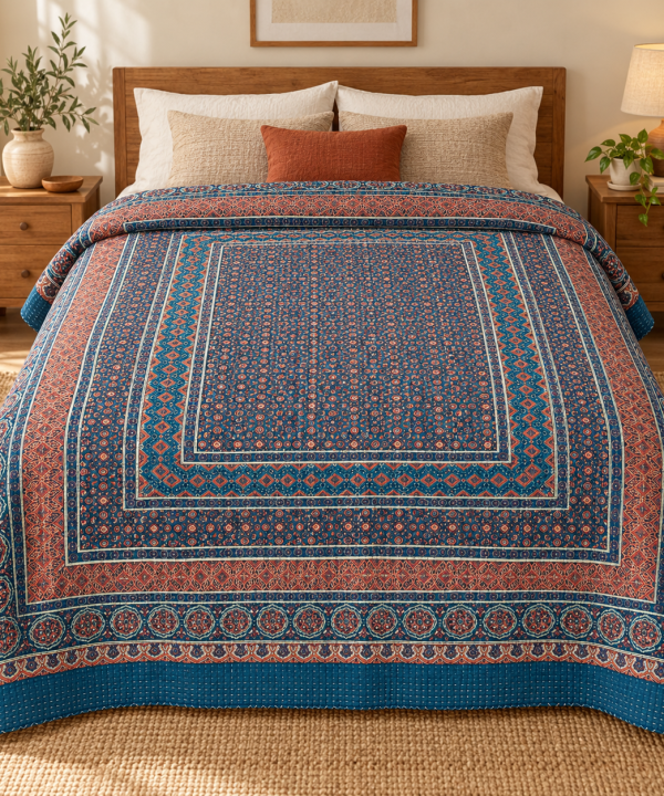 Indigo and Rust Geometric Ajrak Hand Block Kantha Quilt – Single or Double