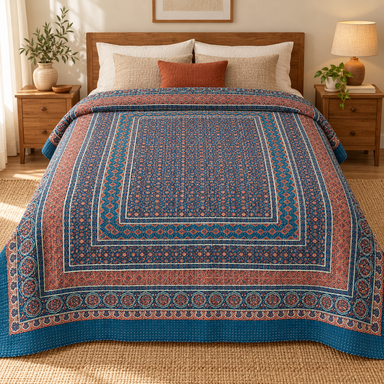 Indigo and Rust Geometric Ajrak Hand Block Kantha Quilt – Single or Double