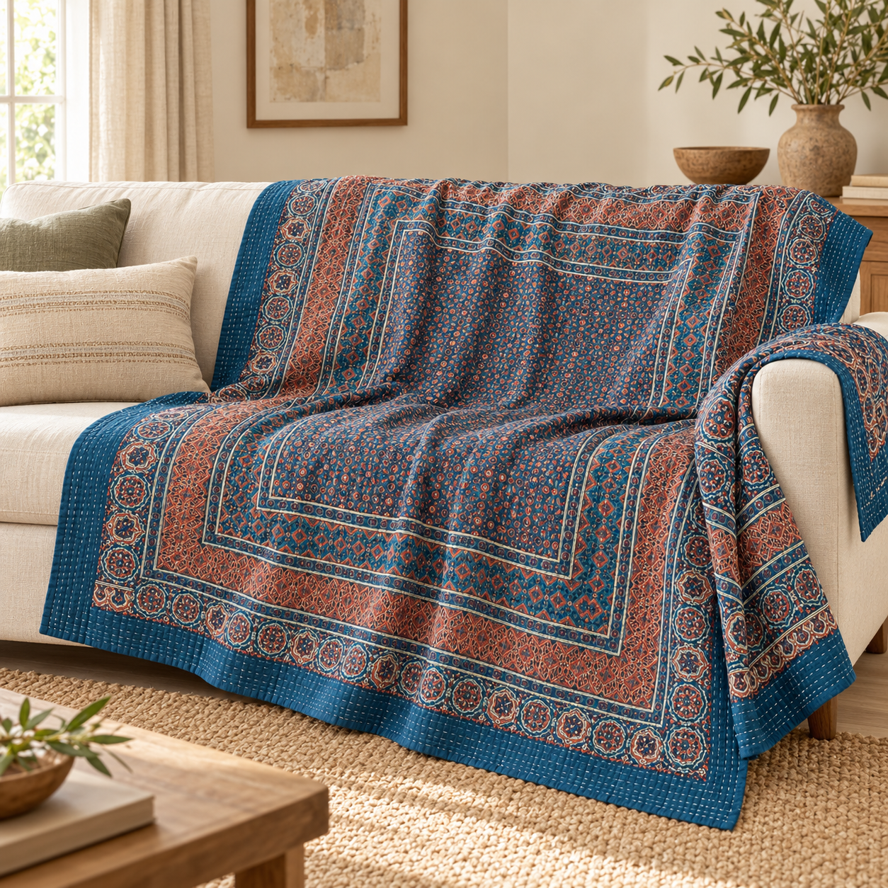 Indigo and Rust Geometric Ajrak Hand Block Kantha Quilt – Single or Double - Image 4