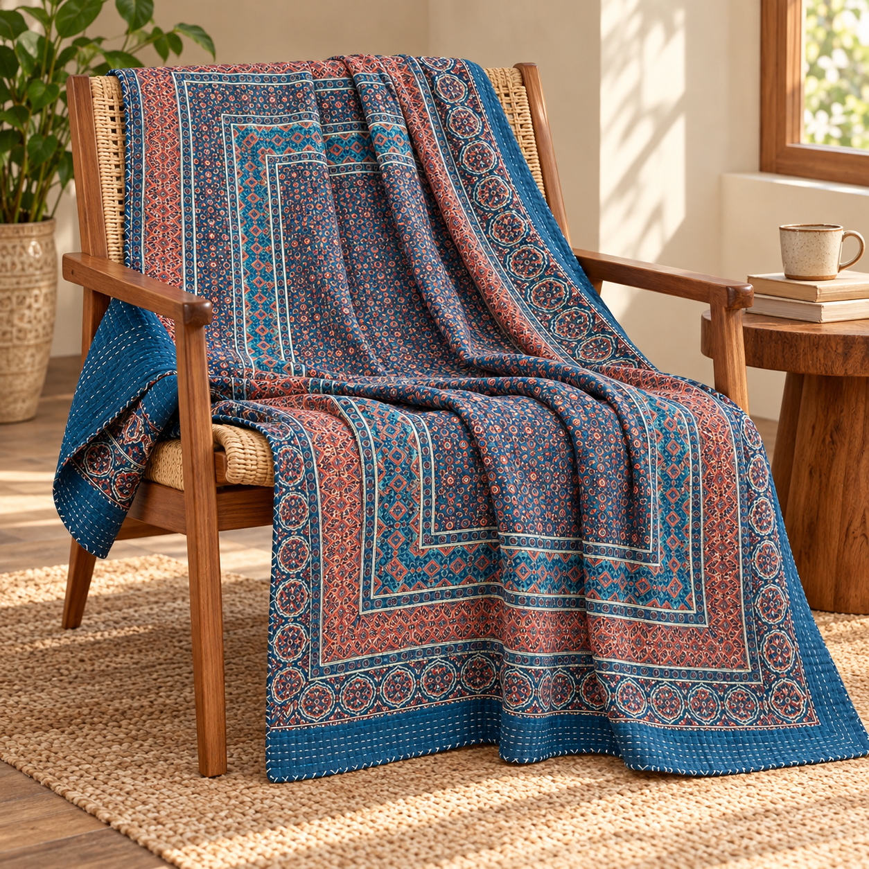 Indigo and Rust Geometric Ajrak Hand Block Kantha Quilt – Single or Double - Image 5