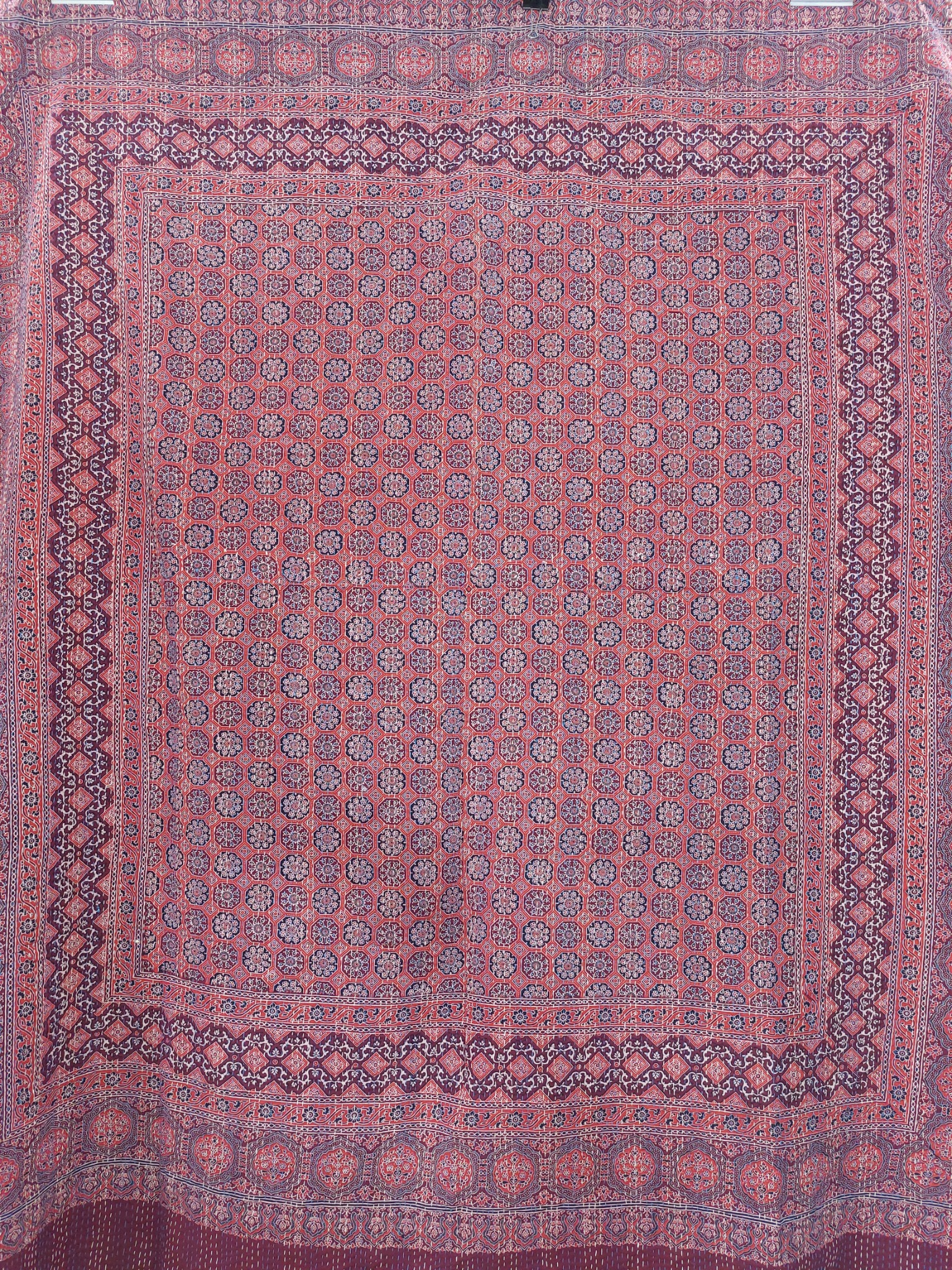 Burgundy and Indigo Geometric Ajrak Hand Block Kantha Quilt – Single or Double - Image 2