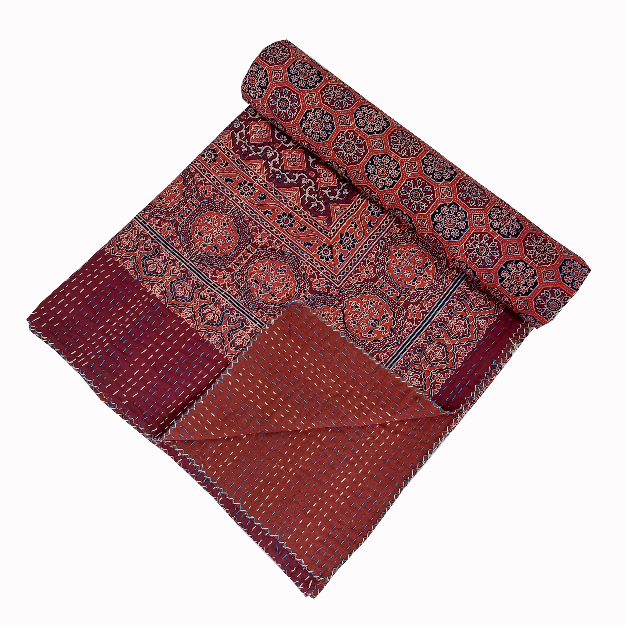 Burgundy and Indigo Geometric Ajrak Hand Block Kantha Quilt – Single or Double - Image 3