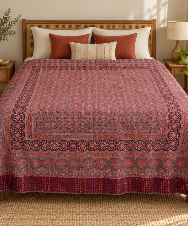 Burgundy and Indigo Geometric Ajrak Hand Block Kantha Quilt – Single or Double