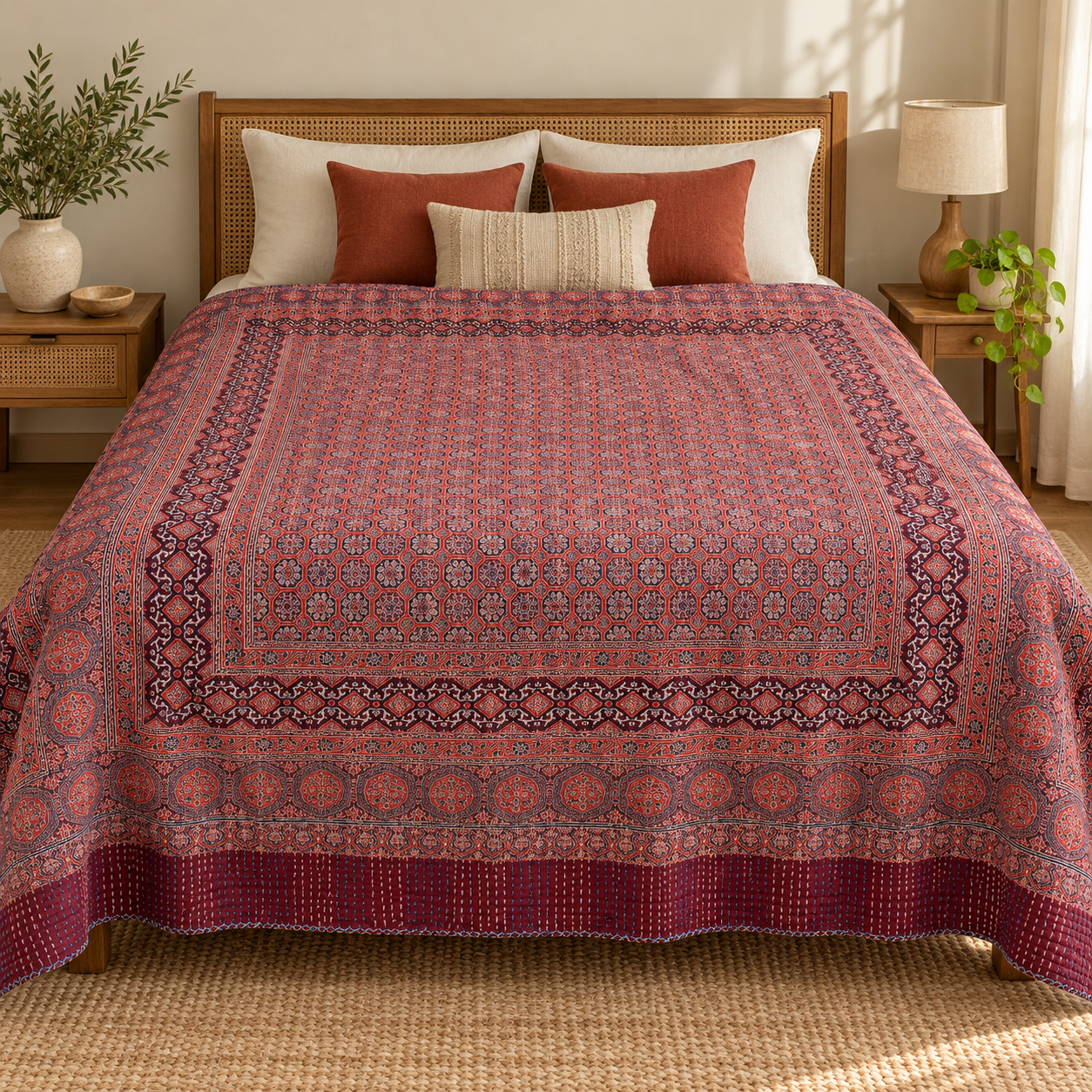 Burgundy and Indigo Geometric Ajrak Hand Block Kantha Quilt – Single or Double