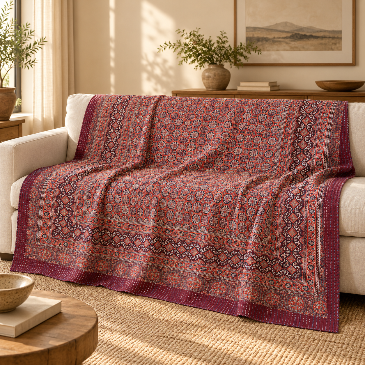 Burgundy and Indigo Geometric Ajrak Hand Block Kantha Quilt – Single or Double - Image 4