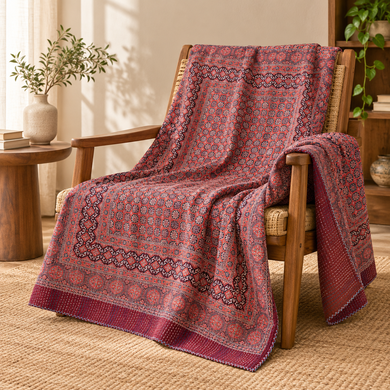 Burgundy and Indigo Geometric Ajrak Hand Block Kantha Quilt – Single or Double - Image 5