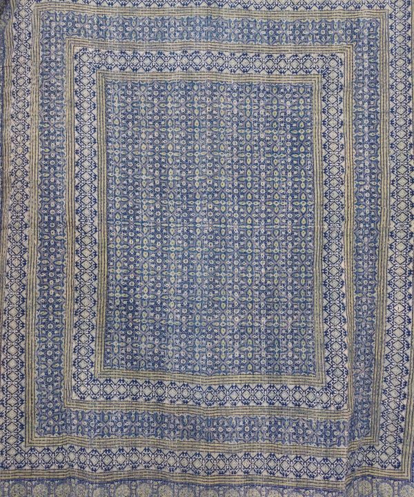 Alternative view of Indigo and Beige Floral Geometric Ajrak Hand Block Kantha Quilt – Single or Double