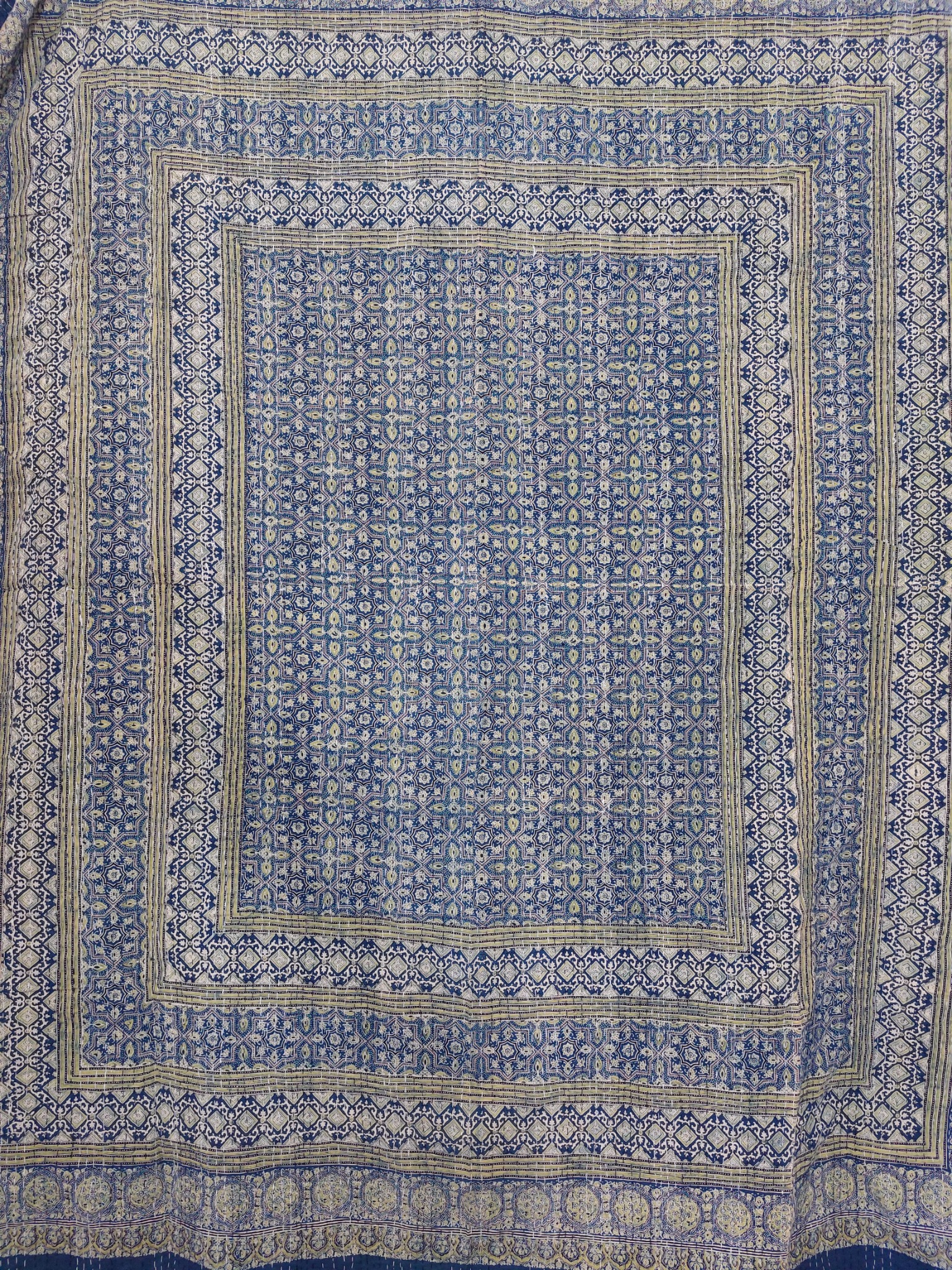 Indigo and Beige Floral Geometric Ajrak Hand Block Kantha Quilt – Single or Double - Image 2