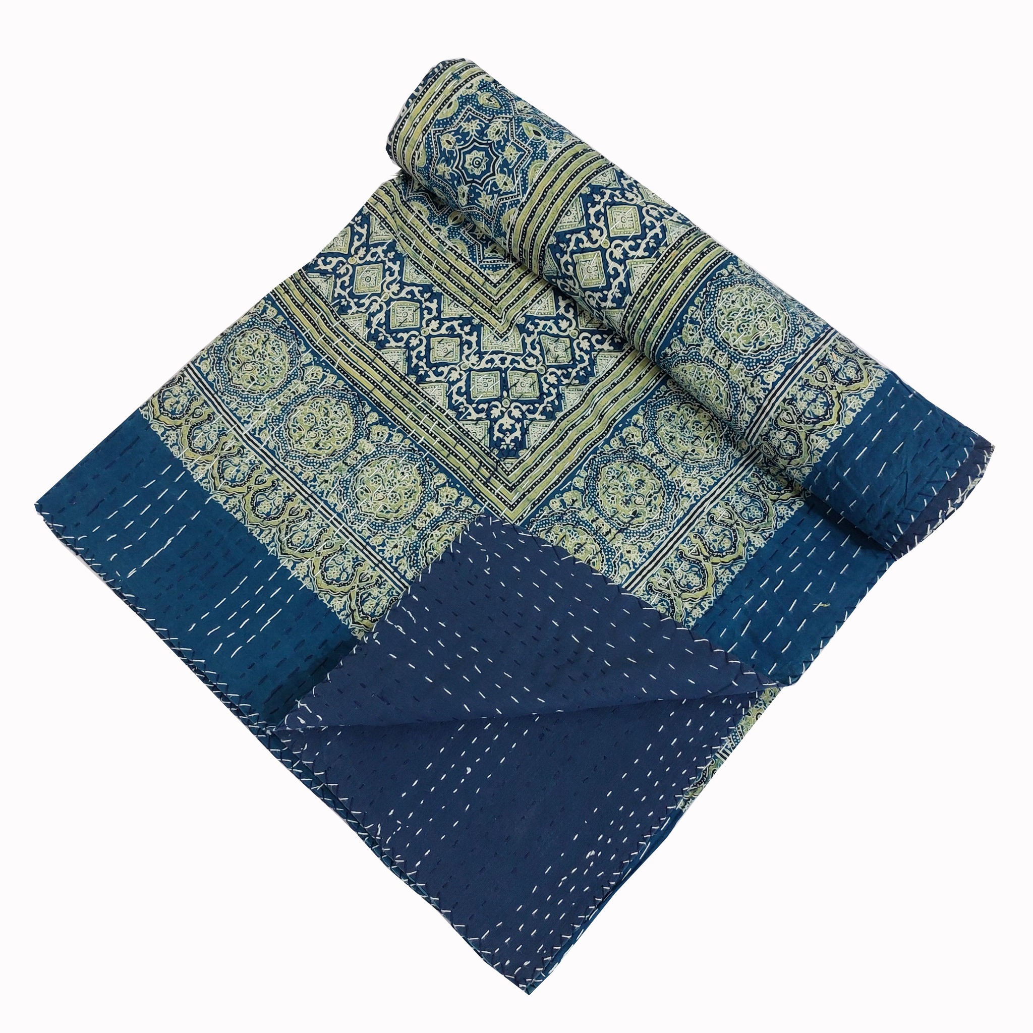 Indigo and Beige Floral Geometric Ajrak Hand Block Kantha Quilt – Single or Double - Image 3