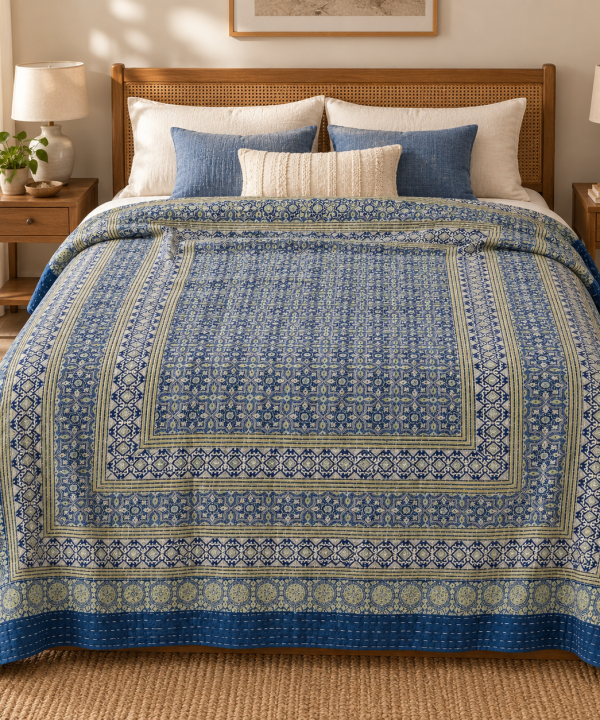 Indigo and Beige Floral Geometric Ajrak Hand Block Kantha Quilt – Single or Double