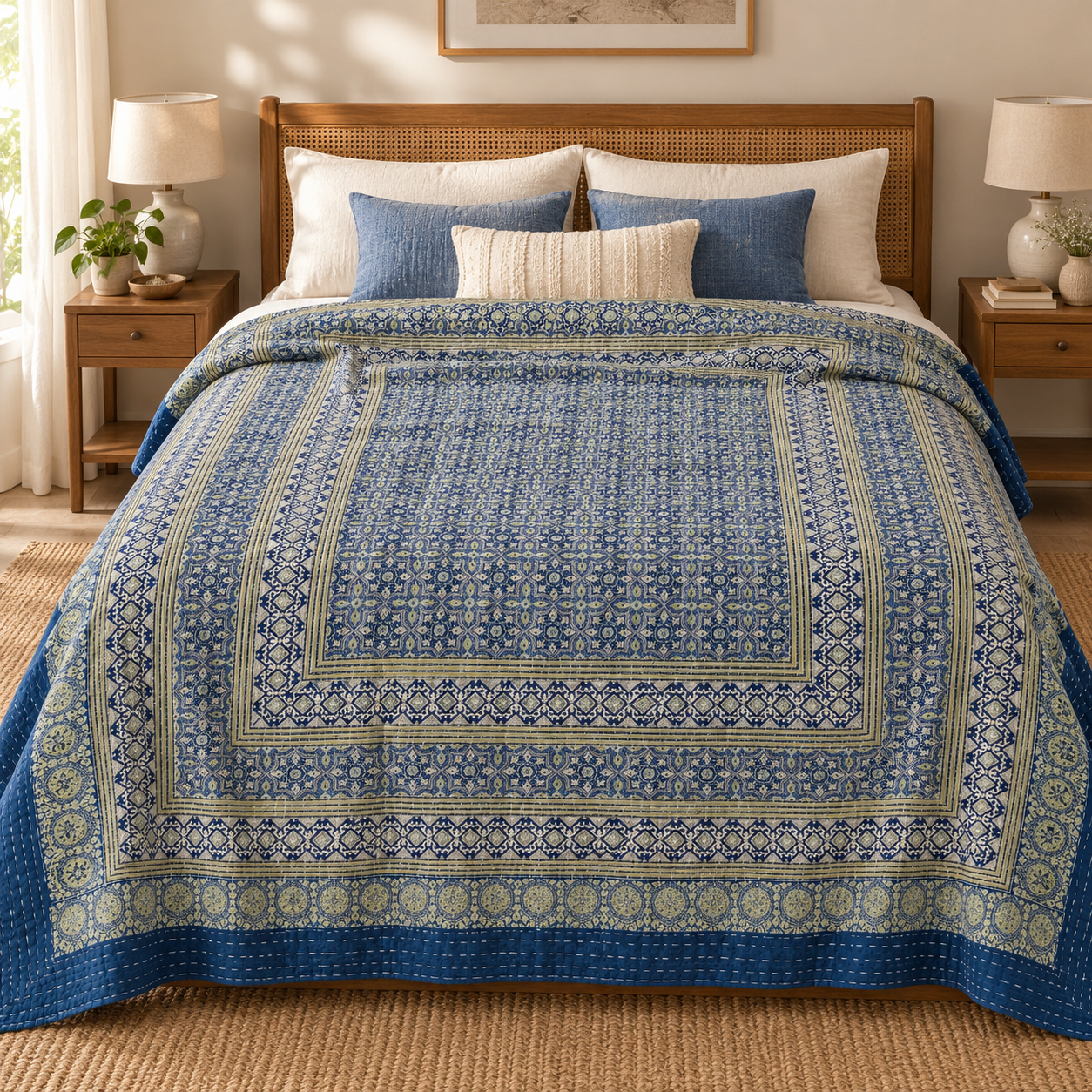 Indigo and Beige Floral Geometric Ajrak Hand Block Kantha Quilt – Single or Double
